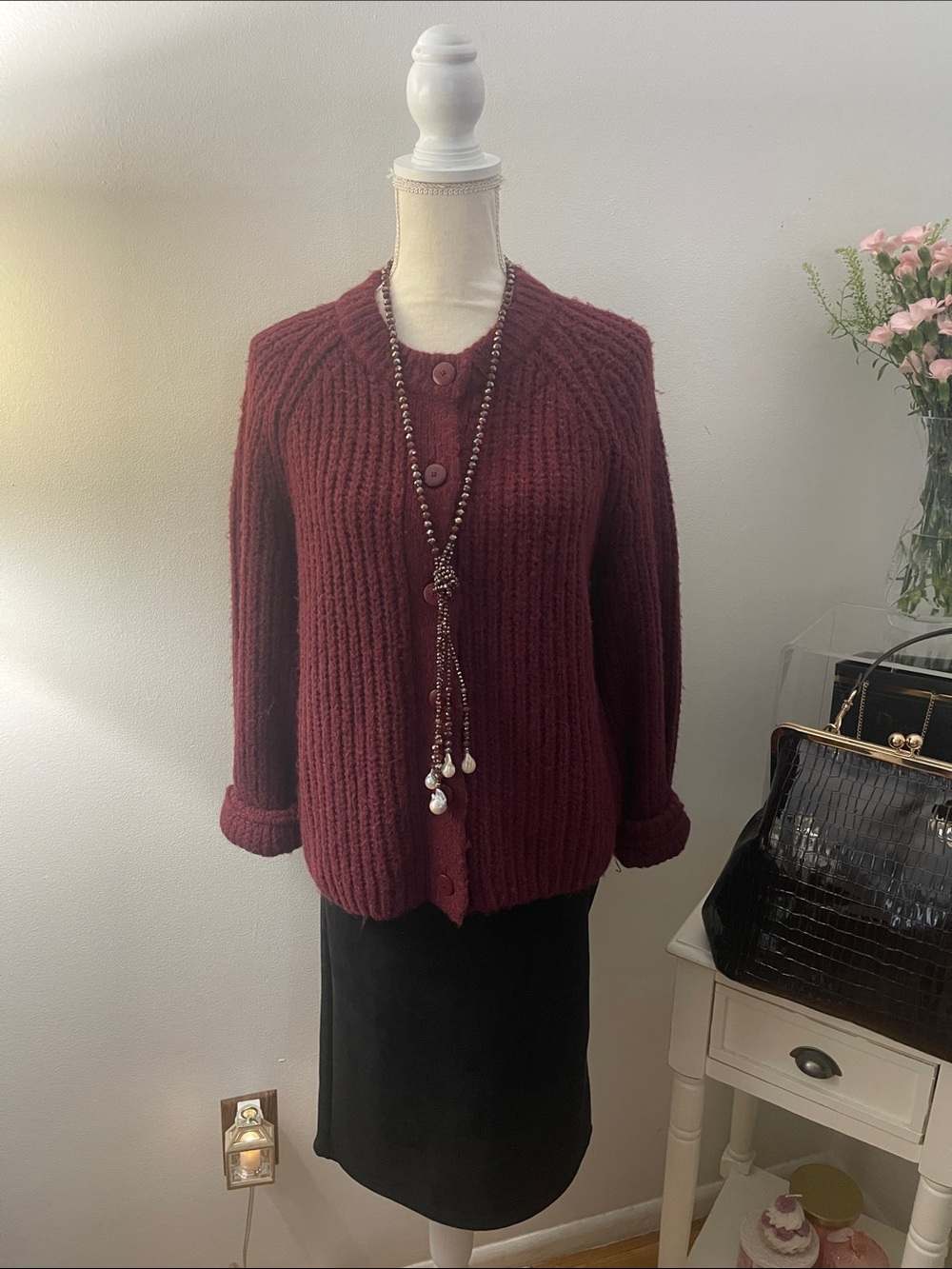 Women's Chunky Knit Burgundy Sweater Cardigan